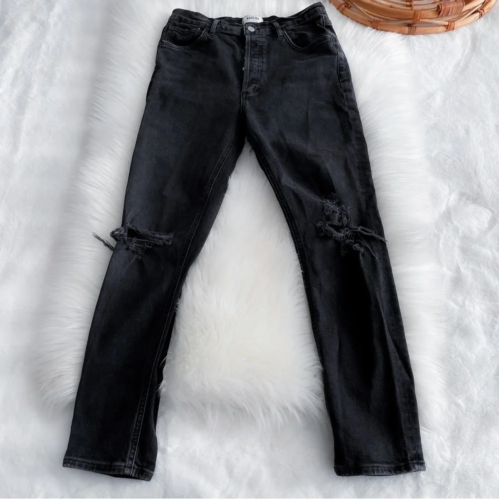 Agolde Black Nico High Wasted Ripped Knee Button Fly Slim Jean Distressed